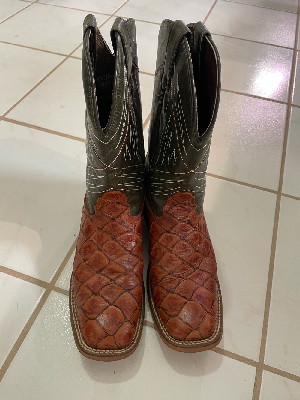 Nocona Brown Exotic Leather Toe with Dark Green Shaft Cowboy Boots